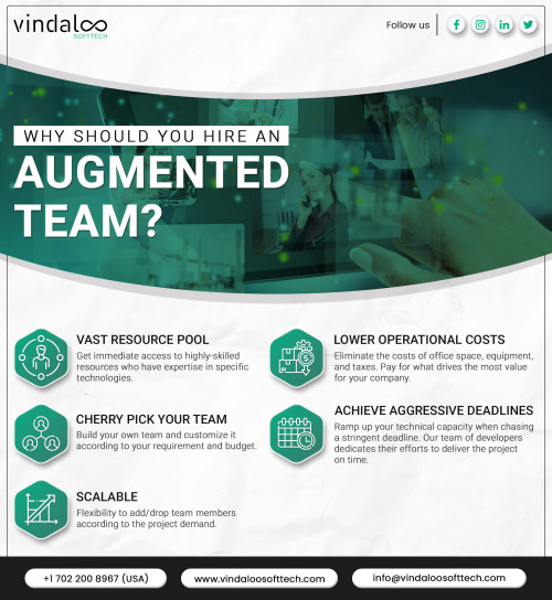 Resource crunch can hit businesses anytime. In such moments of despair, a temporary pair of hands can address the skill gap. Based on our expertise, here are the top reasons for hiring an Augmented Team. For more information please visit: https://www.vindaloosofttech.com/augmented-team