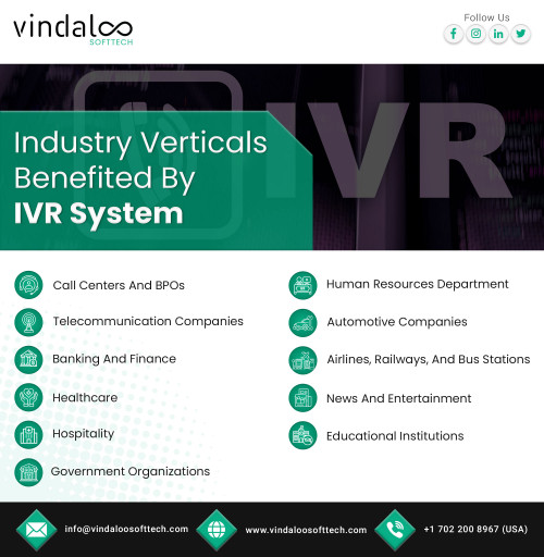 An #IVRSystem streamlines customer interactions by intelligently redirecting incoming calls based on user interactions. It can be vital for following #IndustryVerticals and greatly benefit them. Learn how. For more information please visit: https://www.vindaloosofttech.com/ivr-system