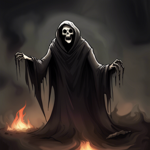 ominous darness, dirt, ash, death, hopelessness grim reaper, fire  Exclude from Result bad anatomy, poorly drawn face, out of frame, gibberish, lowres, duplicate, morbid, darkness, maniacal, creepy, fused, blurry background, crosseyed, extra limbs, mutilated, dehydrated, surprised, poor quality, uneven, off-centered