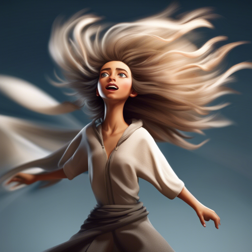 An image depicting a character wearing the outfit and experiencing the sensation of wind, such as their hair or clothes being blown by the wind. - This image was created with letaicreate.com artificial intelligence tools.