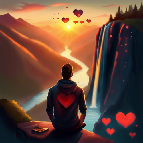 A man remembering his girlfriend at mountain,waterfall,sun set,hearts on sky - This image was created with letaicreate.com artificial intelligence tools.