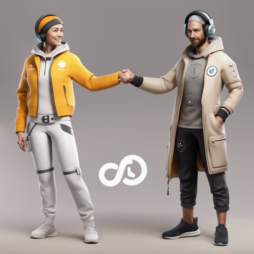 An image showing the collaboration between Ubisoft and OWO, such as their logos side by side or representatives from both companies shaking hands. Additionally, an image representing the tactile-sensitive outfit, such as a character wearing the outfit with highlighted touch-sensitive areas - This image was created with letaicreate.com artificial intelligence tools.