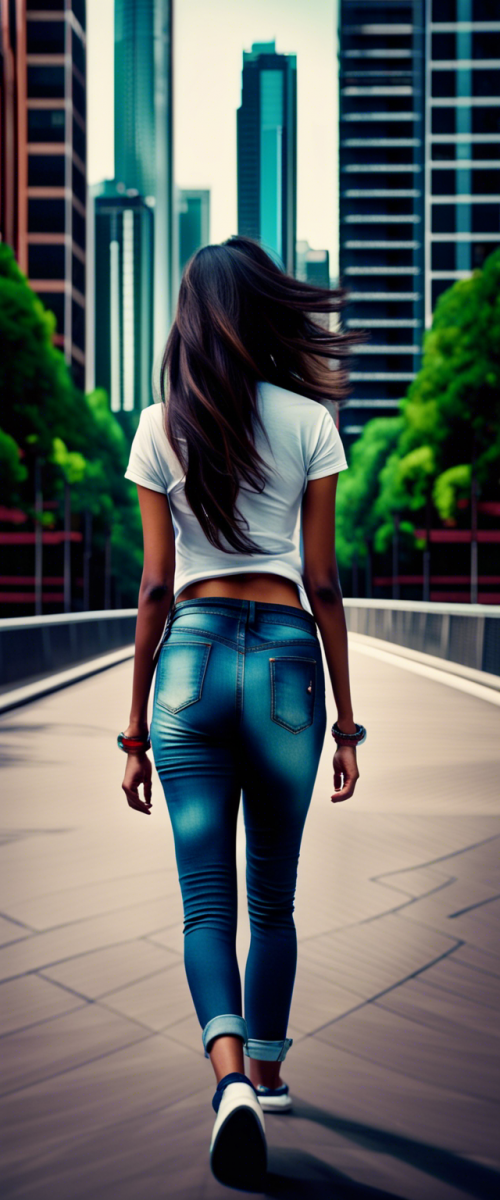 A portrait of a city Indian women in Jeans and T shirts,walking towards camera, zoom out, wide angle, cityscape in background, tall buildings, Panoramic, HD, 4K, Ultra, Hype, cinematic, top center