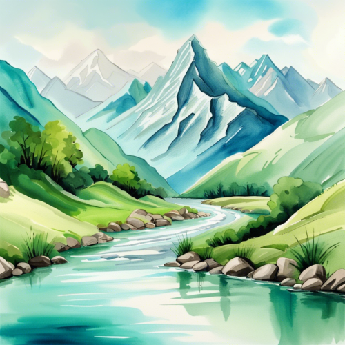 beautiful seen of mountain in which some green grass on the mountains and one river flow in the mountains light blue water colour