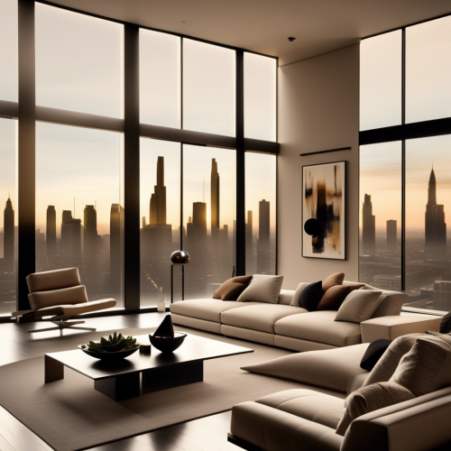 Contemporary living room with large windows overlooking a cityscape, neutral color palette, minimalistic design, sleek modern furniture, gallery wall of abstract art, warm lighting, high detail, open floor plan - This image was created with letaicreate.com artificial intelligence tools.