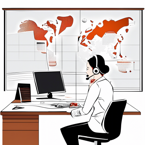 The white background and the world map are all over the place, the world map is dotted, and a secretary talking with a headset to the client at the planned desk belongs to her place to provide support above the press. - This image was created with letaicreate.com artificial intelligence tools.