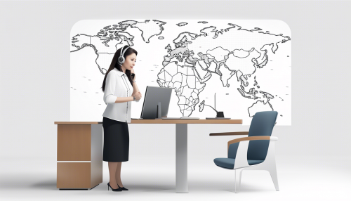 The white background and the world map are all over the place, the world map is dotted, and a secretary at the desk talking to the customer with a headset, clipping from the things she's standing above her head to provide support, cinematic mode, ultra detailed highly realistic hd Image - This image was created with letaicreate.com artificial intelligence tools.
