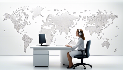 White background and world map all over the place, world map made with dots and a secretary talking with headphones at the desk, sitting in the secretary chair and viewed from the side, clips of what the press is on to provide support, cute, hyper quality, 16k, insane detail and quality - This image was created with letaicreate.com artificial intelligence tools.
