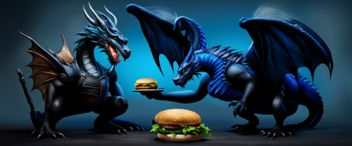 Deux dragon bleu qui et fâché et qui mange un hamburger noir et un chevalier à-côtés du dragon noir,ultime,100000k - This image was created with letaicreate.com artificial intelligence tools.