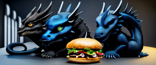 Deux dragon bleu qui et fâché et qui mange un hamburger noir et un chevalier à-côtés du dragon noir,ultime,100000k - This image was created with letaicreate.com artificial intelligence tools.