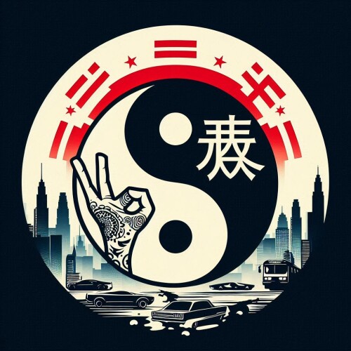 GTA V style logo with Yin Yang Gang text Asian influence size 1920x1080